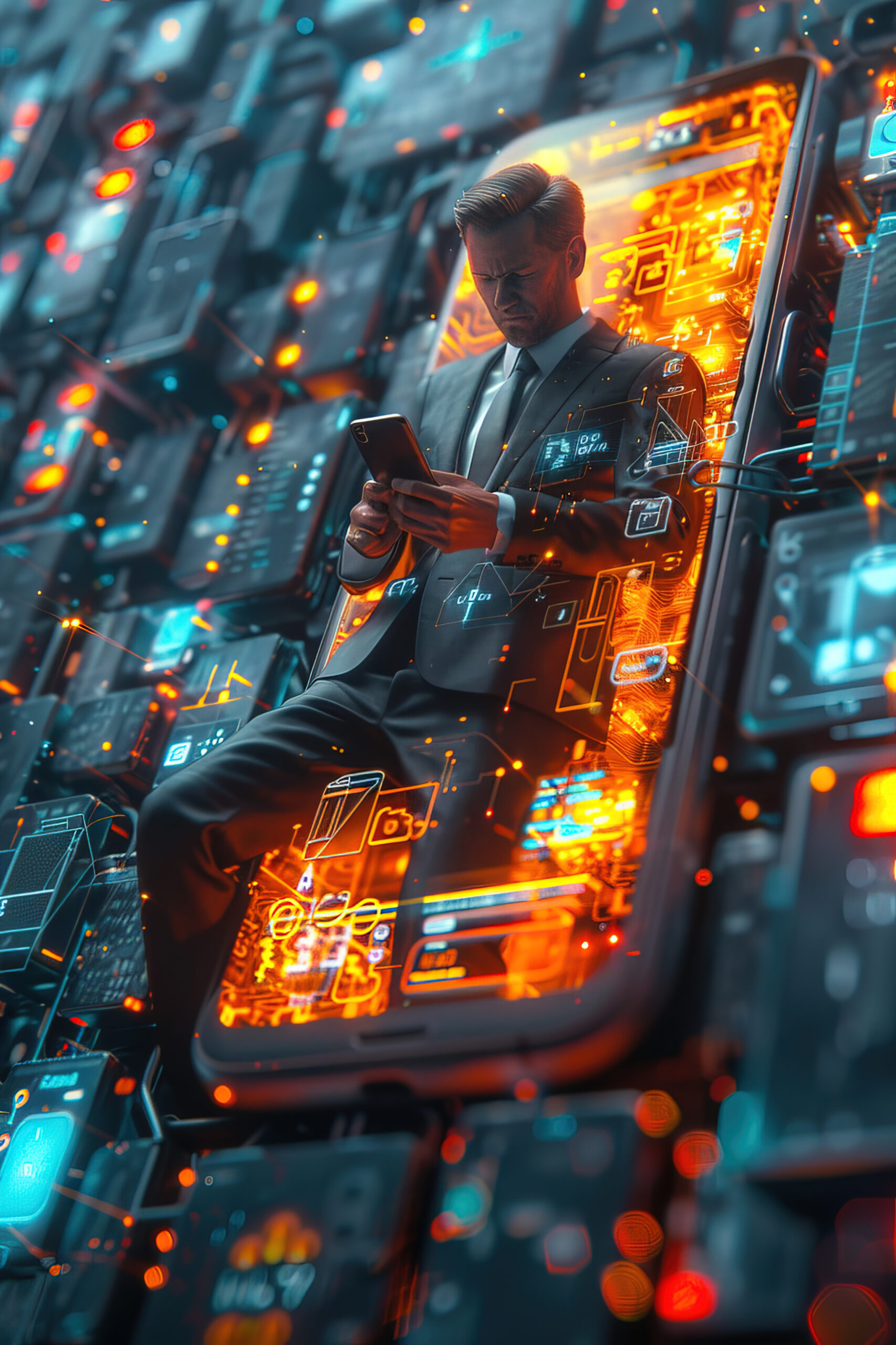 The Engineer comes out of the phone. Create a 3D image of a Engineer character stepping out of a giant smartphone, holding a smartphone, with a app interface on the screen. The businessman should be wearing a suit, with clear, well-defined features and no facial details necessary. --ar 2:3 --style raw --stylize 500 --v 6 Job ID: 2055f6ac-6b69-45b5-a28e-9bd0729d0118